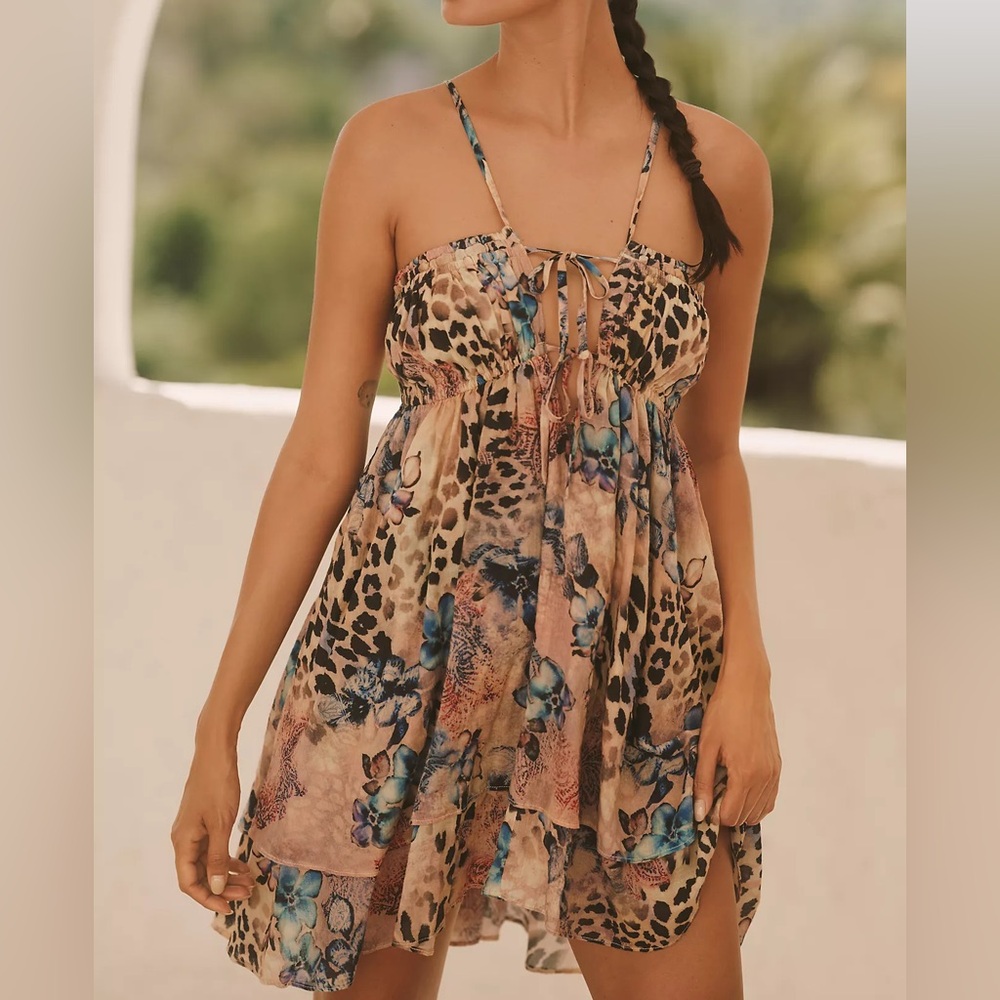 Celandine Anthropologie Flowy Cotton Babydoll Leopard Floral Print Mini Dress